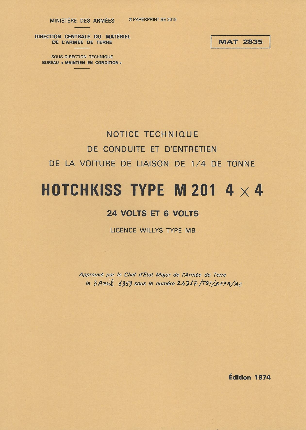 MAT 2835 NOTICE TECHNIQUE DE CONDUITE ET D'ENTRETIEN HOTCHKISS TYPE M201 4x4